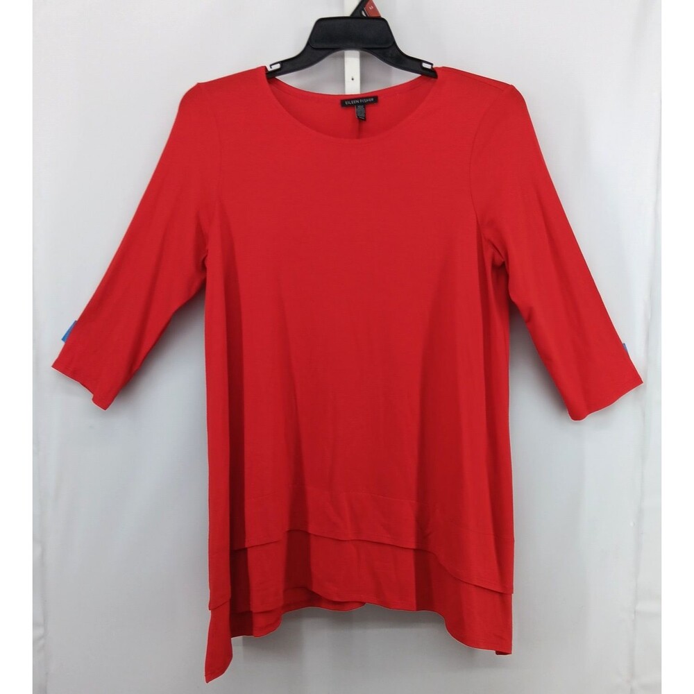 Eileen Fisher Blouse Women Medium Red 3/4 Sleeve Round Neck Pullover Tunic Top